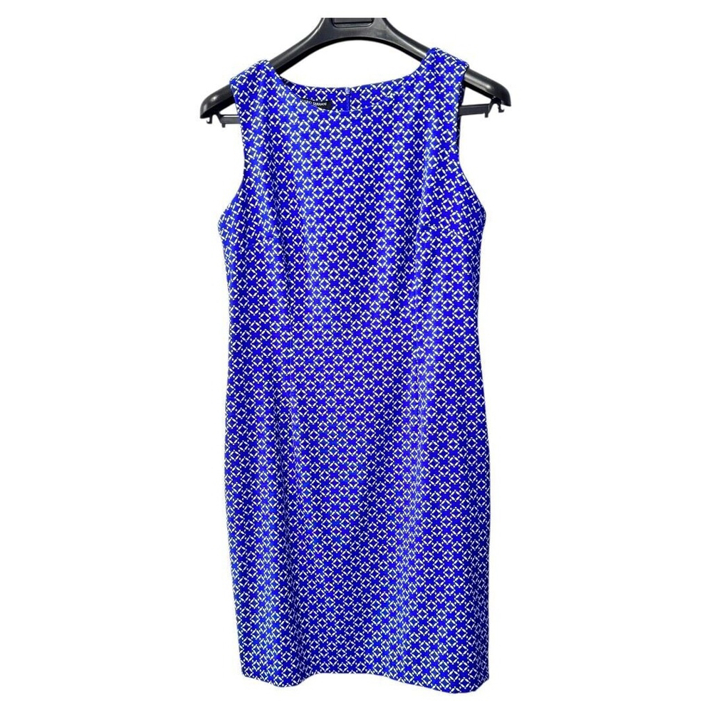 Mario Serrani Blue White Geometric Print Sleeveless Sheath Dress Sz 12 Women